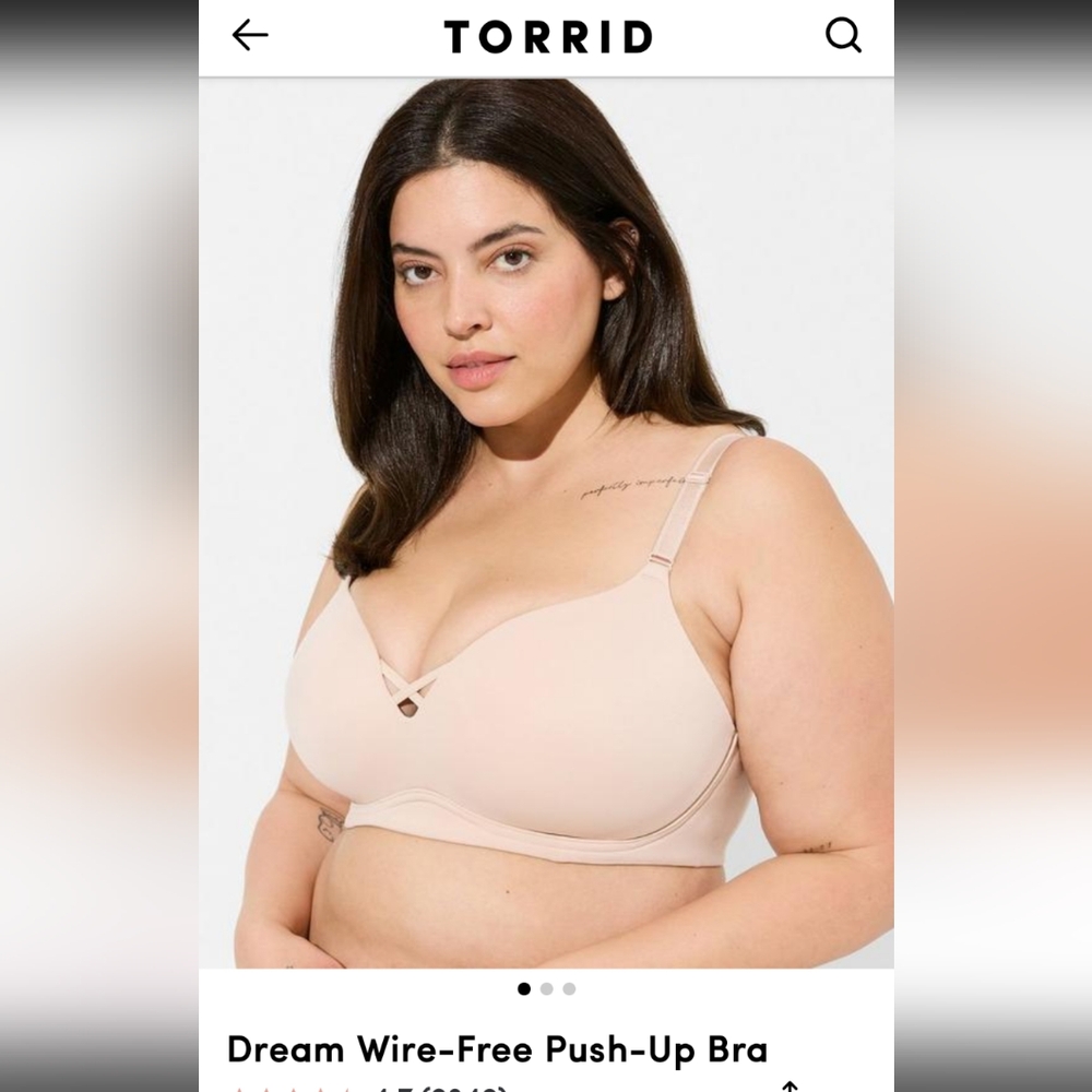 NWT cream Torrid wire free back smoothing push up bra 38DD